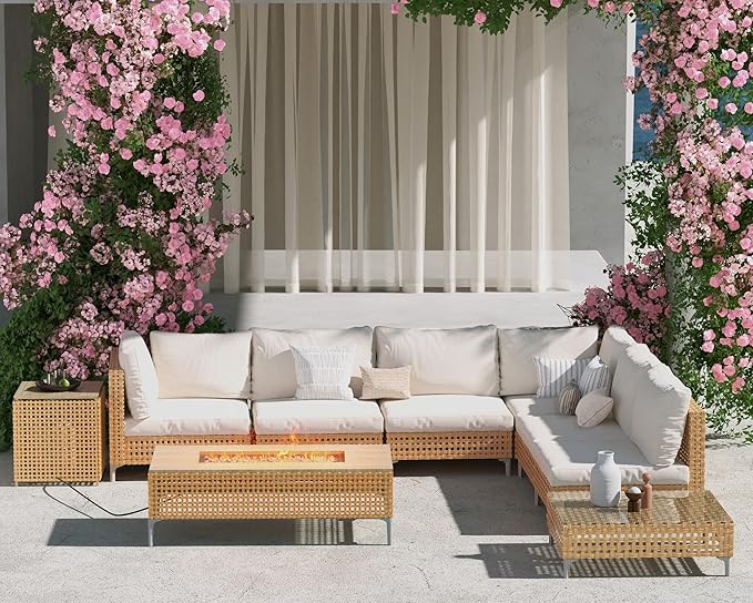 Grand patio 9-Piece Patio Furniture Set with 47" Fire Pit Table, Outdoor Conversation Set & 50,000 BTU 47 Inch Rectangle Propane Fire Pit & Storage Box with Water Resistant Thick Cushions, Cream