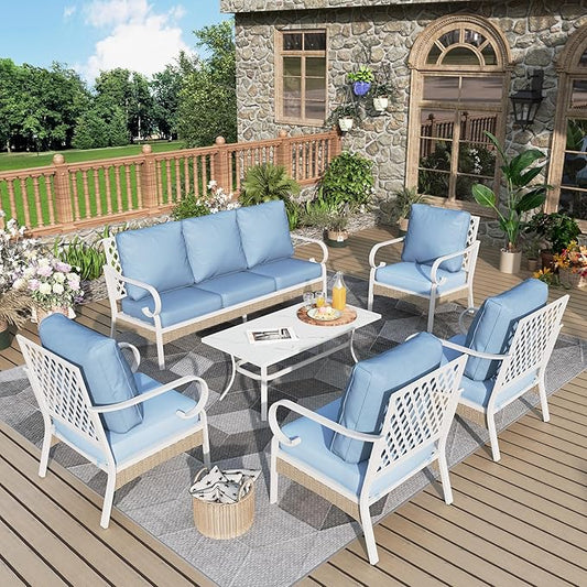 6 Piece Patio Furniture Set, 4 x Fixed Chair, 1 x 3-Seat Sofa with Marbling Coffee Table, All Cushioned 7 Seats Outdoor Conversation Set for Lawn Garden Backyard, Blue