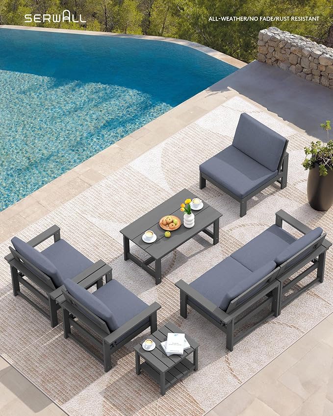 SERWALL HDPE Patio Furniture Set, 7-Piece Outdoor Sectional Sofa Set, All Weather Outdoor Couch Set for Deck, Lawn, Grey Frame with Grey Cushion