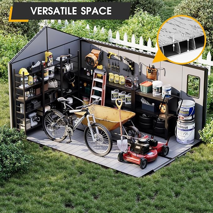 8 x 12 FT Resin Storage Shed, All-Weather Plastic Garden Outdoor Shed with Floor, Lockable Doors & Windows, Plastic Tool Shed for Poolside, Backyard, Patio