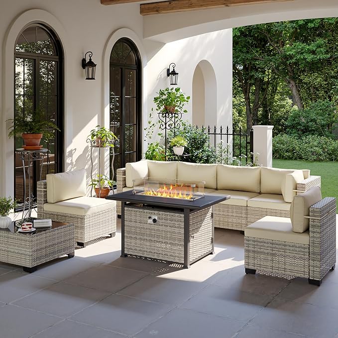 8-Piece Patio Furniture Set, Outdoor Patio Furniture with 55,000 BTU Fire Pit Table, Thick Cushions, Modular Patio Sofa, Dual-Strand Wicker Rattan, Rust-Resistant Frame, Ivory
