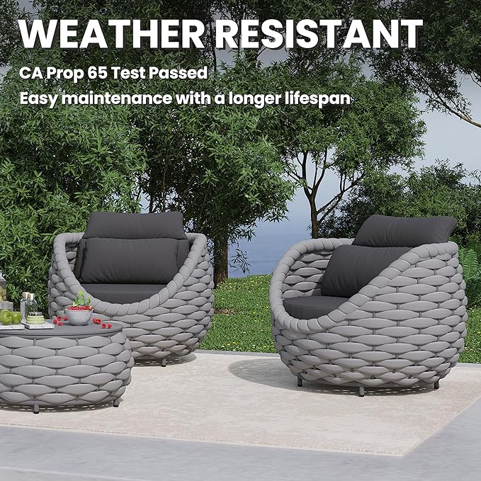 6 PCS Deck Furniture Accent Chair: Aluminum Woven Rope Chair - Outdoor Lounge Armchair Cushioned - Modern Patio Seating Assembled - All Weather for 400lbs Porch Lanai Balcony Yard Garden Hotel