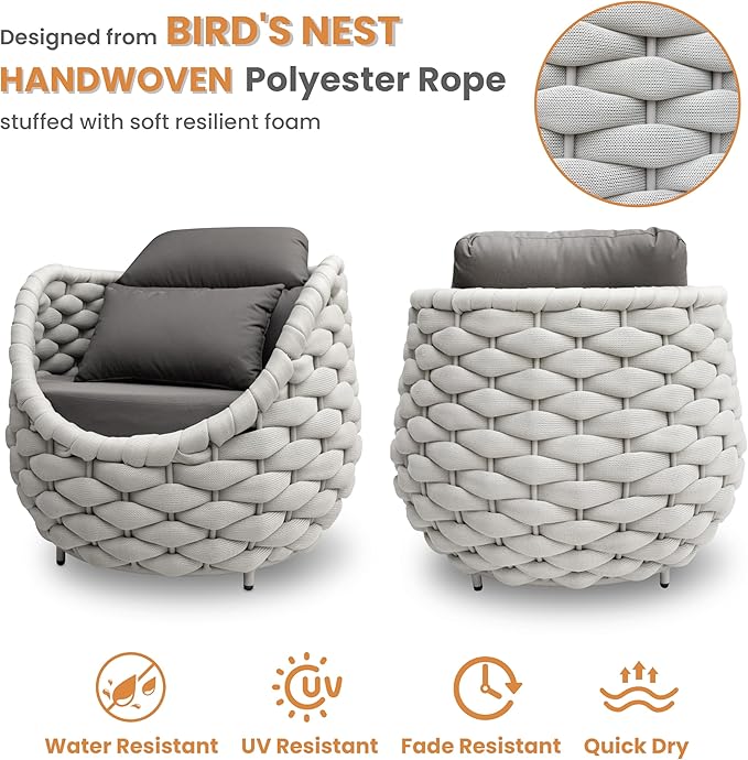 6 PCS Porch Furniture Chair: Patio Accent Chair Aluminum - Woven Rope Cushioned Armchair Assembled - Modern Lounge Single Chair - All Weather 400lbs for Deck Balcony Yard Garden Hotel Poolside