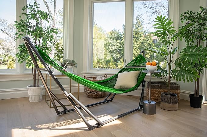 Best Home Fashion Hammock with Collapsible Steel Stand 450 lbs Capacity & Carrying Case, Portable & Adjustable, Perfect for Camping Beach Summer Patio, EZ Daze Foldable Hammock with Stand- Green