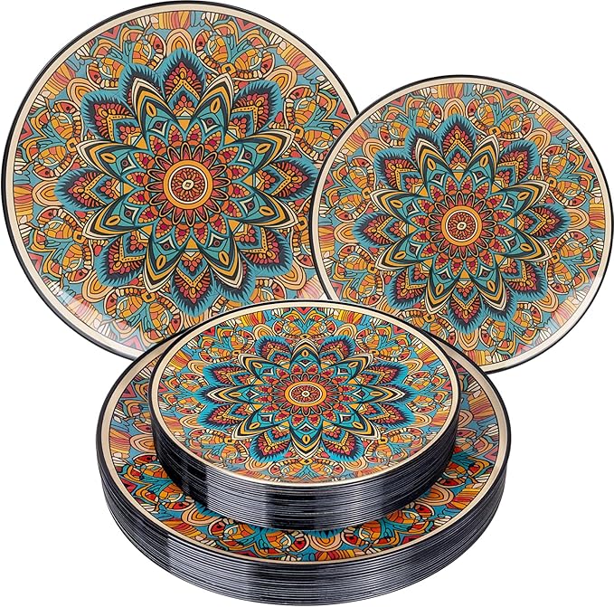 60PCS Bohemian Plastic Plates - Boho Plate Disposable - Vintage Bohemian Style Plate Include 30 Dinner and 30 Dessert Plates for Kitchen Party Decorative