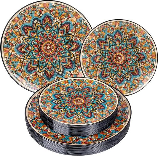 60PCS Bohemian Plastic Plates - Boho Plate Disposable - Vintage Bohemian Style Plate Include 30 Dinner and 30 Dessert Plates for Kitchen Party Decorative