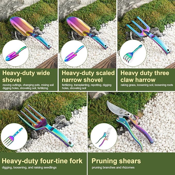 Rainbow Gardening Tool Set, Shovel, Pruning Shears and Hand Fork Gardening Hand toolsgardening Supplies (5 Pieces) Gardening Gifts for Women