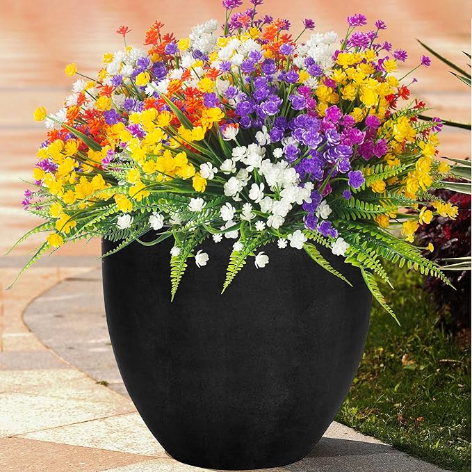 24 Bundles Artificial Flowers for Outdoor Decoration UV Resistant Fake Plastic Plants Faux Boston Fern Artificial Greenery for Summer Indoor Outdoor Garden Patio Window Box Kitchen Home Decor