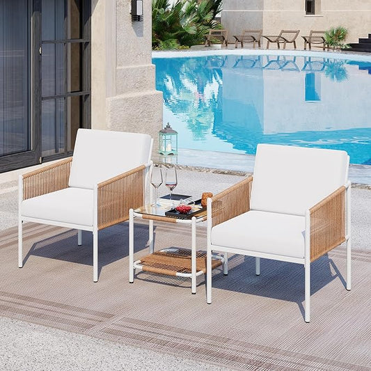 3 Pieces Patio Bistro Set,Outdoor Wicker Furniture Sets,Rattan Glass Table and Chairs Patio Conversation Set with Cushions for Lawn,Garden,Balcony(Beige)