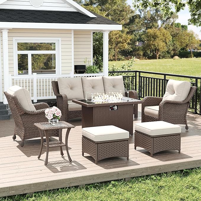 LayinSun 7 Piece Wicker Outdoor Furniture Set with 6-inch Comfy Cushions, High Back Patio Furniture Set with Rattan Armchairs and Fire Pit Table