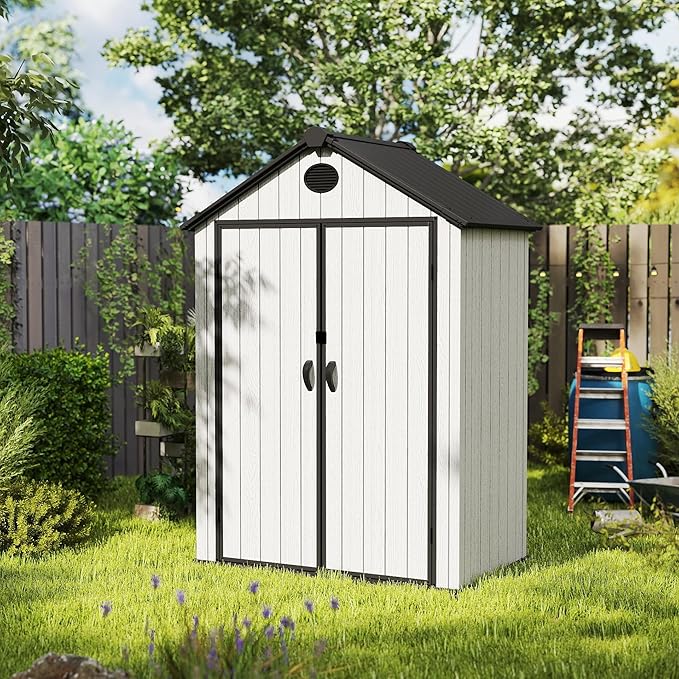 6 x 4 FT Shed Resin Outdoor Storage shed, 230 cuft Plastic Shed with Window and Lockable Door for Garden, Backyard, with Wood Texture, Grey