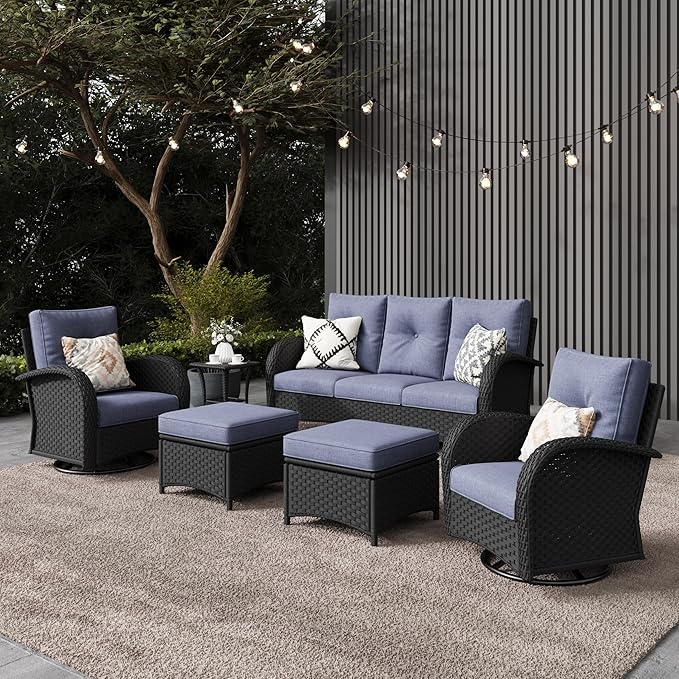 LayinSun 6 Pieces Outdoor Patio Furniture Set, Rattan Wicker Sectional Swivel Rocker Chairs Sets