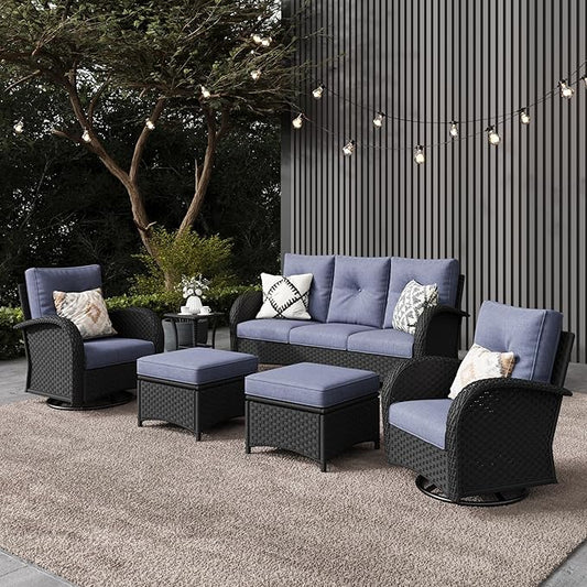 LayinSun 6 Pieces Outdoor Patio Furniture Set, Rattan Wicker Sectional Swivel Rocker Chairs Sets