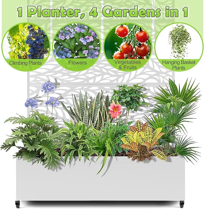 15.7"×70.9"×47.2" Metal Raised Garden Bed with Trellis and Wheels - Tall Trellis Planter Box for Climbing Plants, Vegetables & Vines - Outdoor Privacy Planters for Patio (White-Spring)