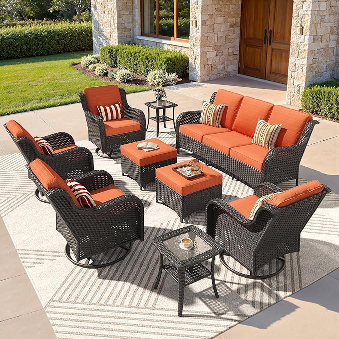 ovios 9 Pieces Patio Furniture Set, Outdoor Wicker Sofa Couch with Swivel Chairs Ottomans Comfy Cushions, All Weather High Back Modern Conversation Sets, Brown Rattan, Orange Red