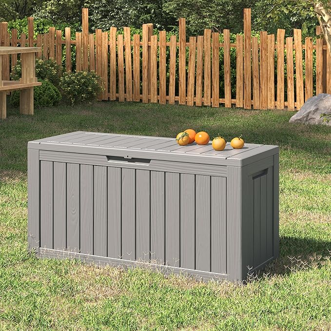 NUNU LAB 76 Gallon Deck Box, Large Resin Outdoor Storage Box, Waterproof Patio Storage Container with Double Wall Panels for Cushions, Garden Tools, Pool Toys, and Packages,Grey