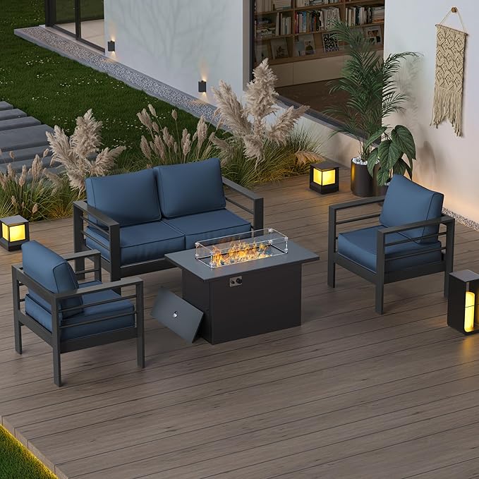 Patio Furniture Set with Fire Pit Table, Aluminum Patio Furniture Set,Grey and Blue Outdoor Metal Sectional Sofa with Aluminum Fire Pit Table for Garden Backyard (Include Waterproof Cover)