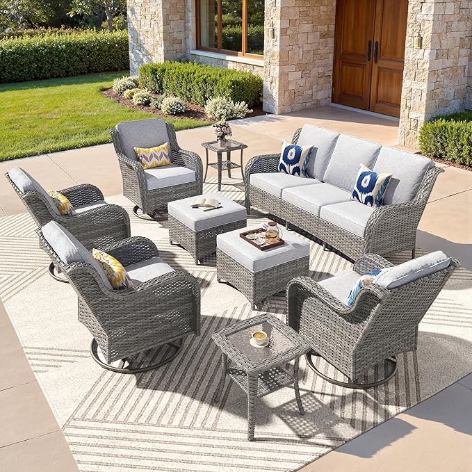 ovios 9 Pieces Patio Furniture Set, Outdoor Wicker Sofa Couch with Swivel Chairs Ottomans Comfy Cushions, All Weather High Back Modern Conversation Sets, Grey Rattan, Grey