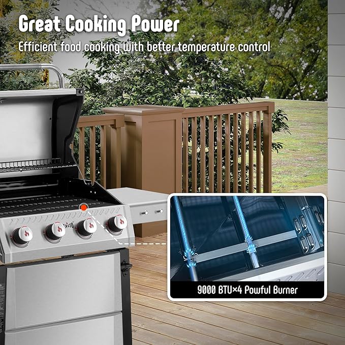 4+1 Burner Gas Grill, All Stainless Steel Outdoor BBQ Grill with Enameled Coated Chamber Body, 48,000 BTU Garden Barbecue Grill with Porcelain-Enameled Cast lron Grates, Grill Cover Included