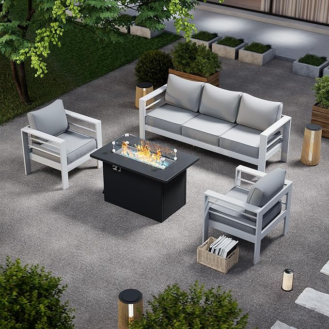 Patio Furniture Set with Fire Pit Table, Aluminum Patio Furniture Set,White Outdoor Metal Sectional Sofa with Aluminum Fire Pit Table for Garden Backyard (Include Waterproof Cover)