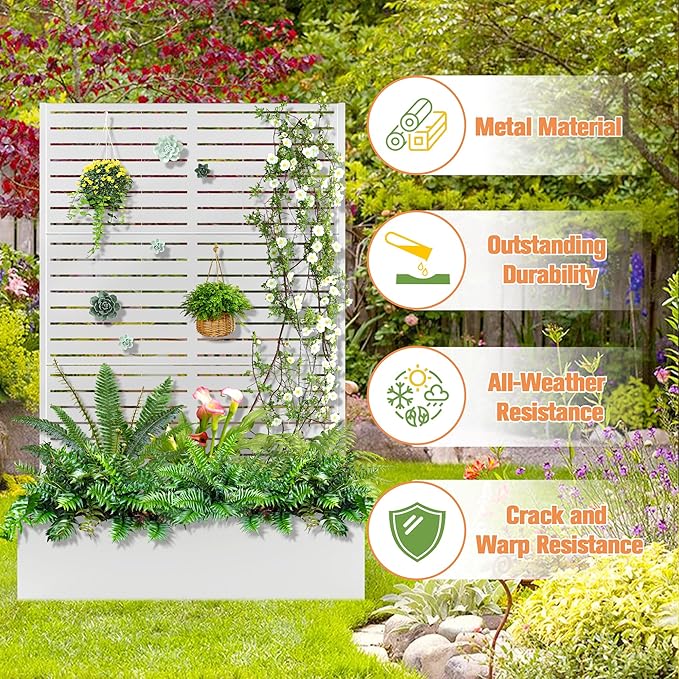 Metal Planter Box with Trellis, Raised Garder Bed with Drainage Hole, Privacy Screen & Trellis for Climbing Plants, Outdoor Plant Stands, 47''L×16''W×71''H, White