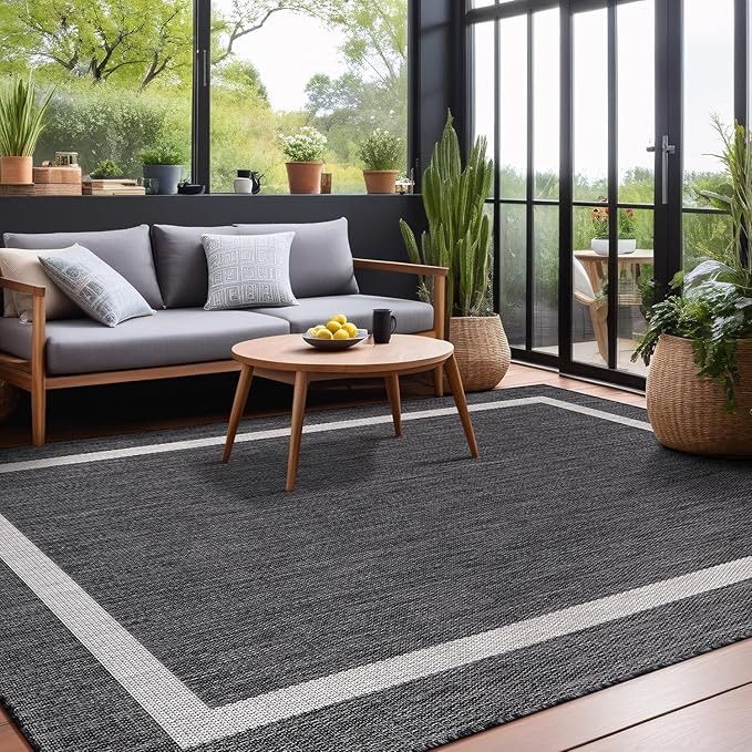 Bordered Outdoor Rug 9x12 Washable Outside Carpet for Indoor Patio Porch Waterproof Easy Cleaning Non Shedding Area Rugs Gray 9 x 12