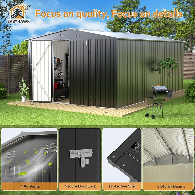 10 x 14 FT Outdoor Storage Shed, Metal Waterproof Storage Shed Steel Utility Garden Tool Shed with Door & Lock Outdoor Storage,All-Weather Shelter for Bike, Gardening Tools, Lawn Mowers