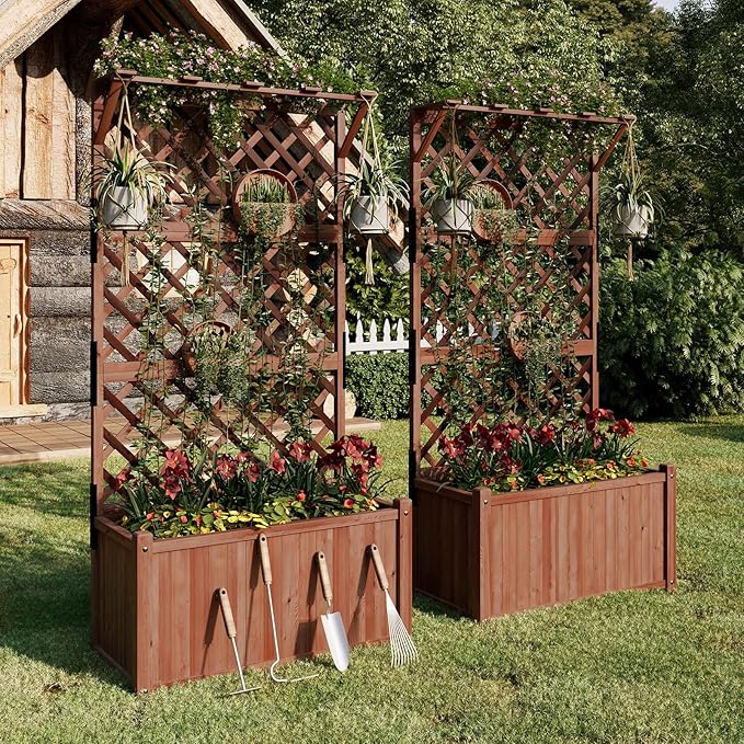 SPECRAFT 2 Pack Wood Planter with Trellis, 35.4x17.7x72 Inch Raised Garden Bed, 1.6Ft Deep Large Planter Box for Outdoor Gardening, Vegetables, and Climbing Plants