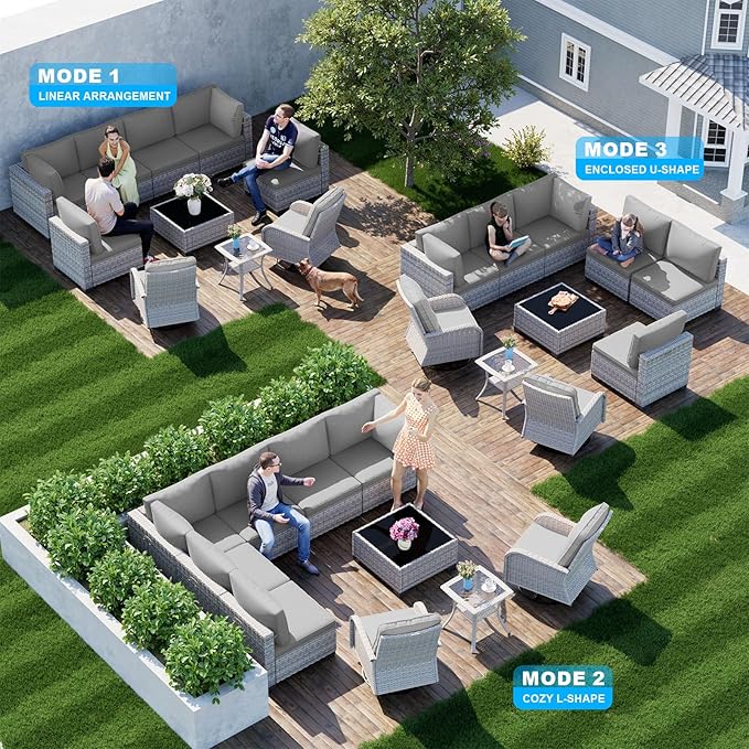 10-Piece Patio Furniture Set, Outdoor Patio Furniture with Swivel Chairs Set, Thick Cushions, Modular Patio Sofa, Dual-Strand Wicker Rattan, Rust-Resistant Frame, Grey