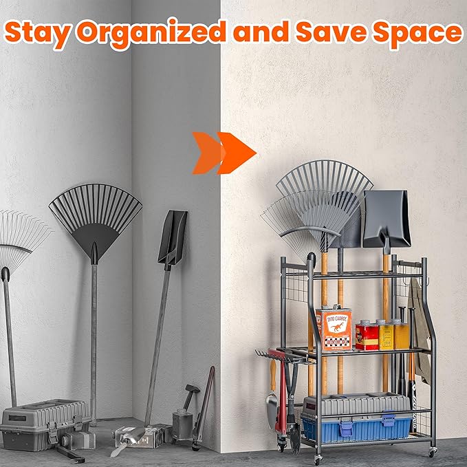 Ultrawall Garden Tool Organizer, Yard Tool Storage Stand for Garage with Lockable Wheels, Shed Tool Storage for Rake, Brooms, Indoor & Outdoor Use