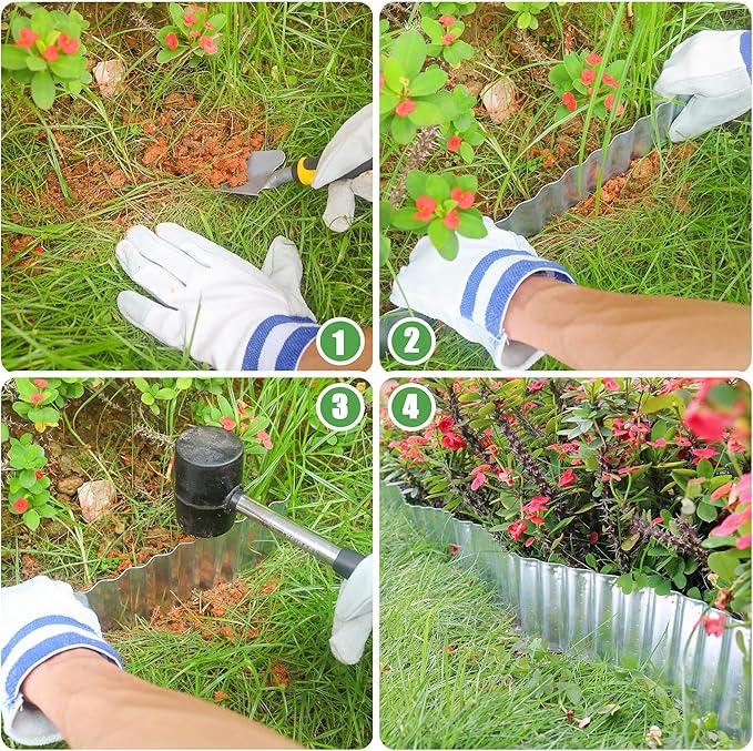 Metal Corrugated Garden Edging, 4" x 50Ft Garden Edging Border for Garden and Flower Bed, Landscape Edging for Grass Barrier, Sidewalk, Lawn and Yard, Silvery