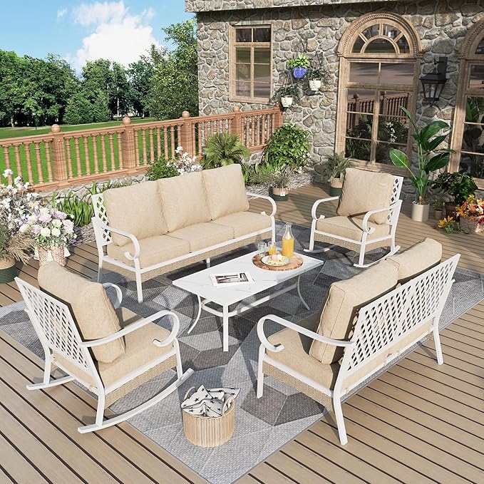 5 Piece Patio Furniture Set, 2 x Rocking Chair, 1 x 2-Seat Sofa, 1 x 3-Seat Sofa with Marbling Coffee Table, All Cushioned 7 Seats Outdoor Conversation Set, Beige