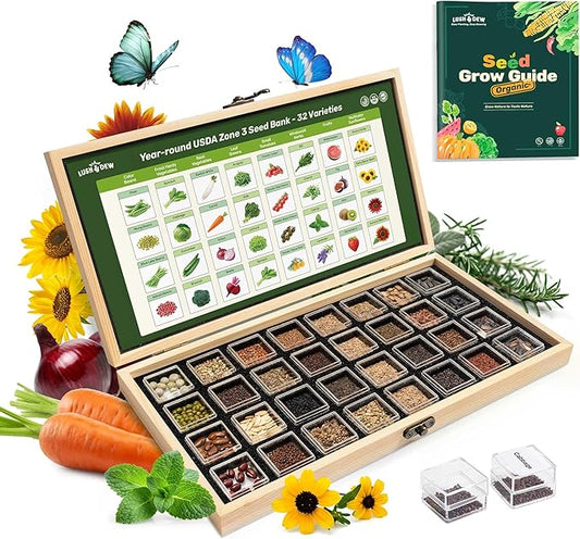 Lush&Dew Year-Round USDA Zone 3 Seed Bank, 32 Varieties Non-GMO Heirloom Seeds of Vegetables, Herbs, Gardening Gifts for Women Men, Emergency Survival Kit for Raised Garden Bed, Greenhouse