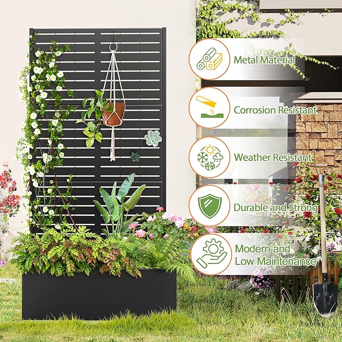 Trellis for Climbing Plants Outdoor，Mental Garden Bed with Drainage Holes Outdoor Privacy Screen Design Tall planters for herb Flower Vegetables 73"x35"x16", Black-Louvered