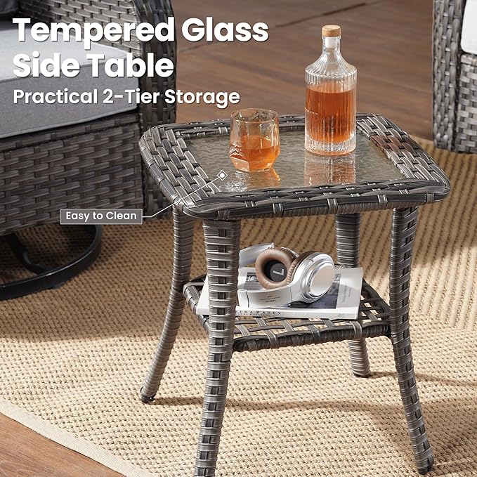 ovios 3 Pieces Patio Furniture Set, Outdoor Rocking Chairs of 2, Wicker Swivel Glider Chairs with Side Table Thick Cushions, All Weather Rattan Bistro Set for Porch, Grey