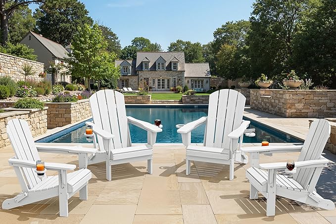 SERWALL Folding Adirondack Chair, Dual Cup Holders & All-Weather HDPE, Wood-Like Patio Chair for Backyard, Camping，Pool & Fire Pit- White