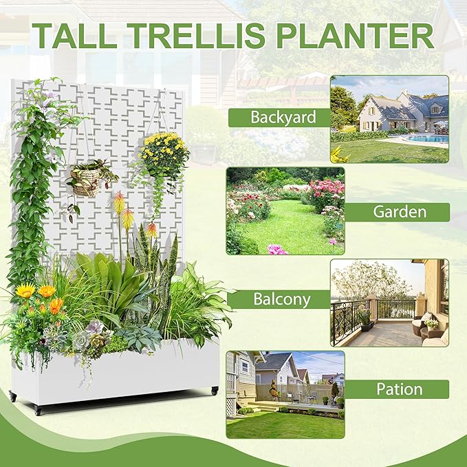 Raised Garden Bed with Trellis and Wheels,73"x47"x16" Metal Raised Garden Bed,White Squared Metal Planter with Climbing Trellis for Vines & Vegetables