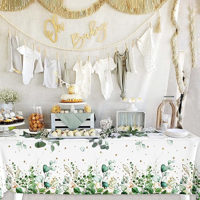 Sage Green Eucalyptus Leaf Tablecloth for Baby Shower Party Decoration Disposable Plastic Sage Greenery Tablecloth Table Cover Boho Woodland Neutral Baby Shower Wedding Party 54 x 108IN (3, Greenery)
