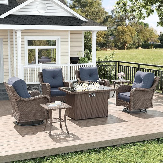 LayinSun 7 Piece Wicker Outdoor Furniture Set with 6-inch Comfy Cushions, High Back Patio Furniture Set with Swivel Rocking Chairs and Fire Pit Table
