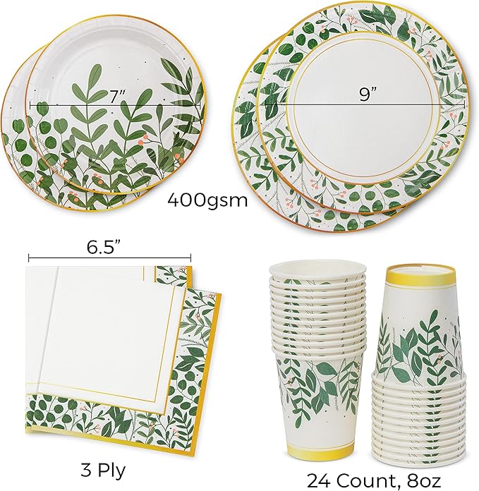 Royal Bluebonnet Greenery Paper Plates and Napkins for Birthday Decorations - Set of 24 Sturdy 400 GSM Sage Green Paper Plates for Mothers Day, Floral Party Supplies for Engagement Party, Baby Shower