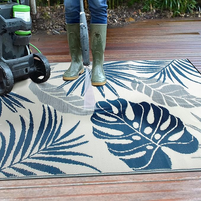 Rugshop Tropical Floral Leaf Reversible Crease-Free Waterproof Premium Recycled Plastic Outdoor Rugs for Patio,Backyard,RV,Deck,Picnic,Trailer,Beach,Camping,Sunroom Navy/Blue 5' x 7'