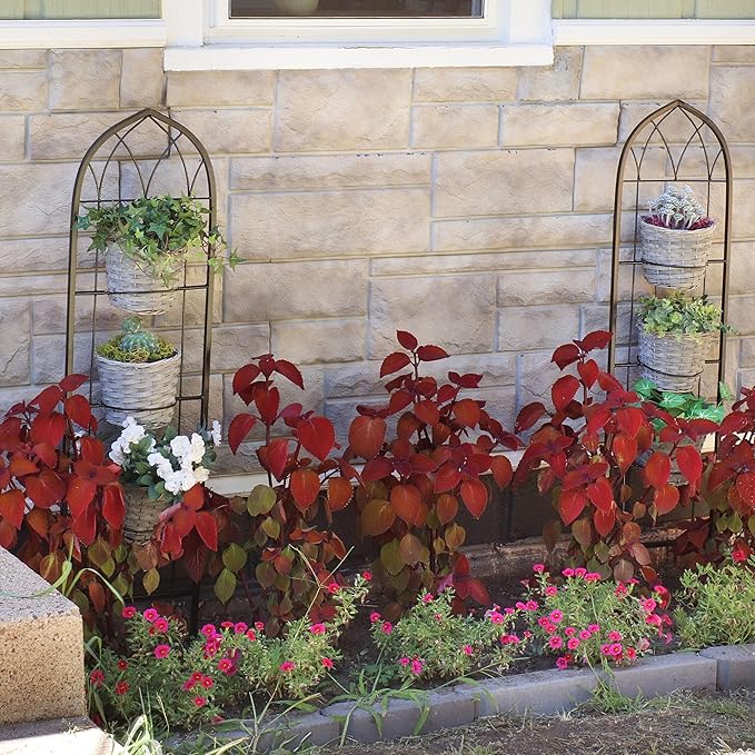 Sunnydaze Steel 2-Piece Arched Garden Trellis for Climbing Plants with 3 Folding Flowerpot Supports - 48-Inch