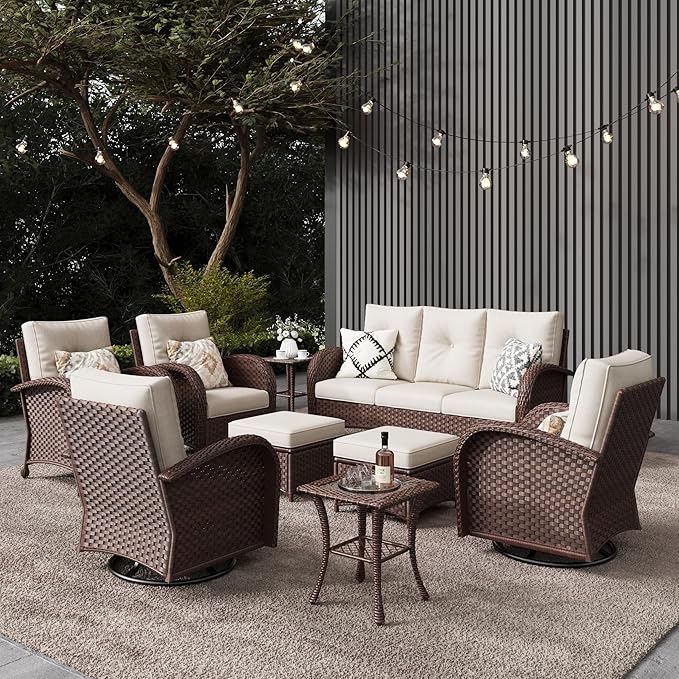 LayinSun 9 Pieces Outdoor Patio Furniture Set, Rattan Wicker Sectional Swivel Rocker Chairs Sets