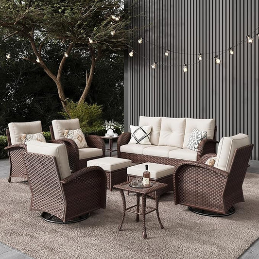 LayinSun 9 Pieces Outdoor Patio Furniture Set, Rattan Wicker Sectional Swivel Rocker Chairs Sets