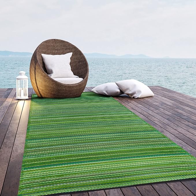 Fab Habitat Outdoor Rug - Waterproof, Fade Resistant, Crease-Free - Premium Recycled Plastic - Striped - Large Patio, Deck, Sunroom, Camping, RV - Cancun - Green - 6 x 9 ft