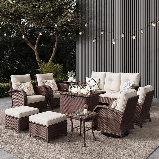 LayinSun 10 Pieces Outdoor Patio Furniture Set with Fire Pit Table, Rattan Wicker Sectional Swivel Rocker Chairs Sets