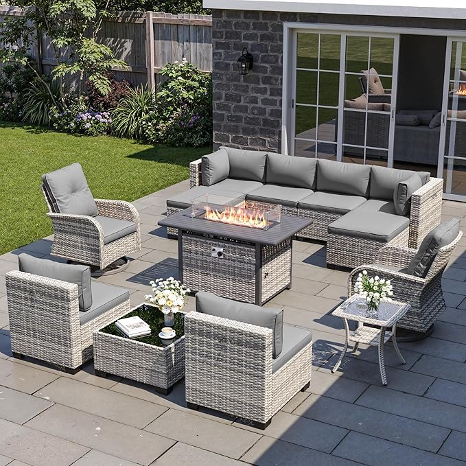 13-Piece Patio Furniture Set, Outdoor Patio Furniture with Swivel Chairs Set, Ottomans, 55,000 BTU Fire Pit Table, Modular Patio Sofa, Dual-Strand Wicker Rattan, Rust-Resistant Frame, Grey