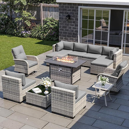 13-Piece Patio Furniture Set, Outdoor Patio Furniture with Swivel Chairs Set, Ottomans, 55,000 BTU Fire Pit Table, Modular Patio Sofa, Dual-Strand Wicker Rattan, Rust-Resistant Frame, Grey