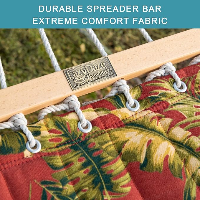 Lazy Daze Quilted Fabric Hammock with Spreader Bar, 2-Person Double Hammock for Outside Patio Poolside Backyard Beach, 450 lbs Capacity, Red Leaf