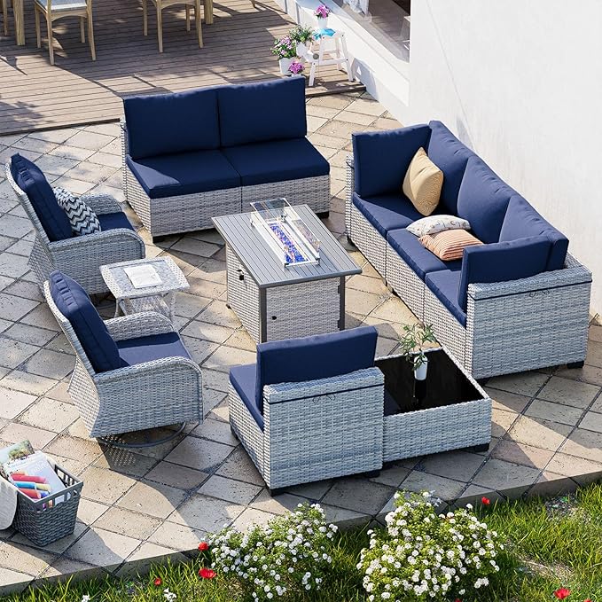 11-Piece Patio Furniture Set, Outdoor Patio Furniture with Fire Pit Table, Swivel Chairs Set, Thick Cushions, Modular Patio Sofa, Dual-Strand Wicker Rattan, Rust-Resistant Frame, Navy Blue